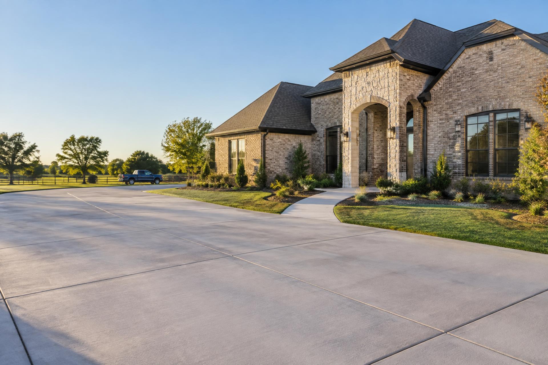 Finished concrete driveway and walkway at a North Texas home